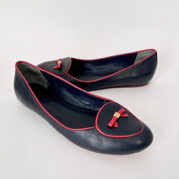 Tory Burch Dakota Bow Loafer Flats Navy Blue Red Leather Slip On Sz 9.5 Women’s - Picture 1 of 14